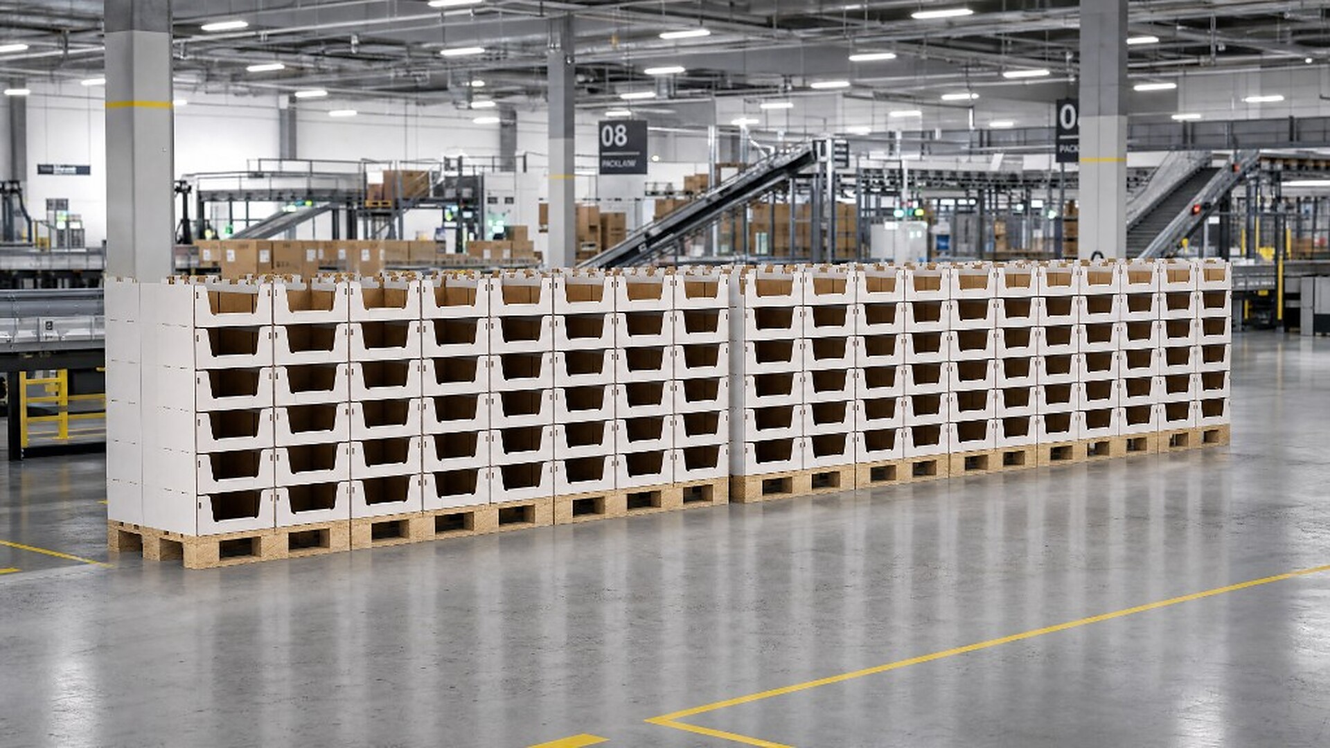 Pickbox corrugated storage boxes stacked on pallets in a warehouse